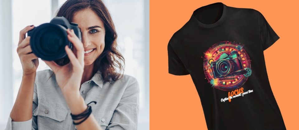 a woman wearing a custom t-shirt made using AI